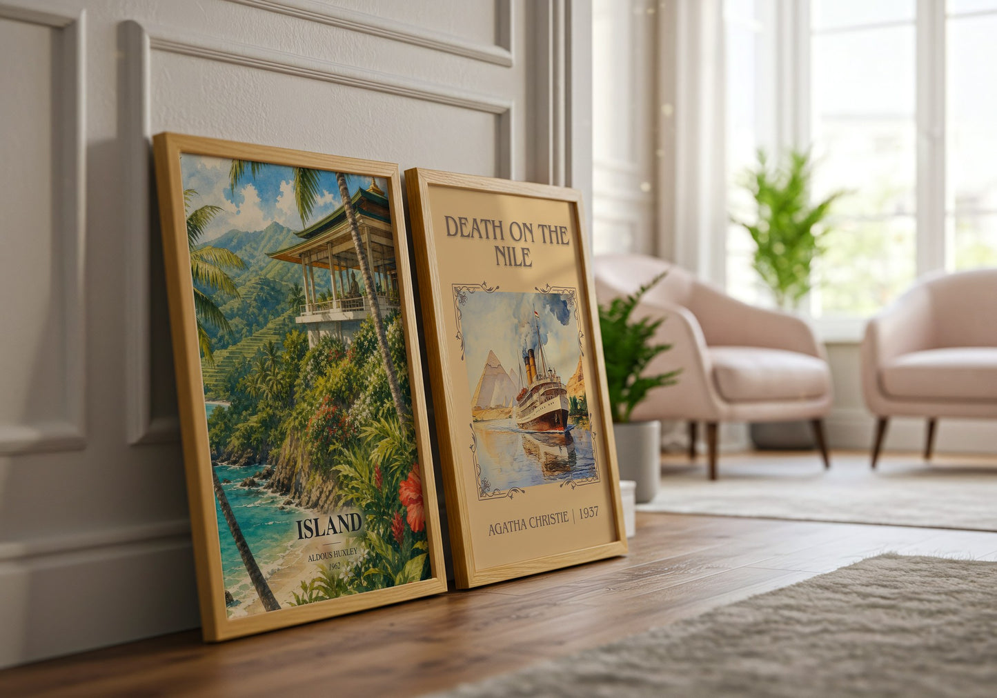 Island watercolour print framed by window – literary home decor