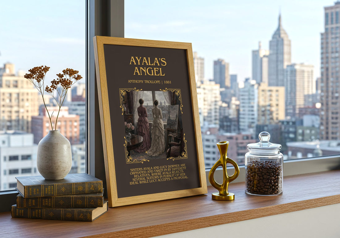 Ayala'S Angel Minimalist Book Poster by Anthony Trollope – framed print on a city-view windowsill