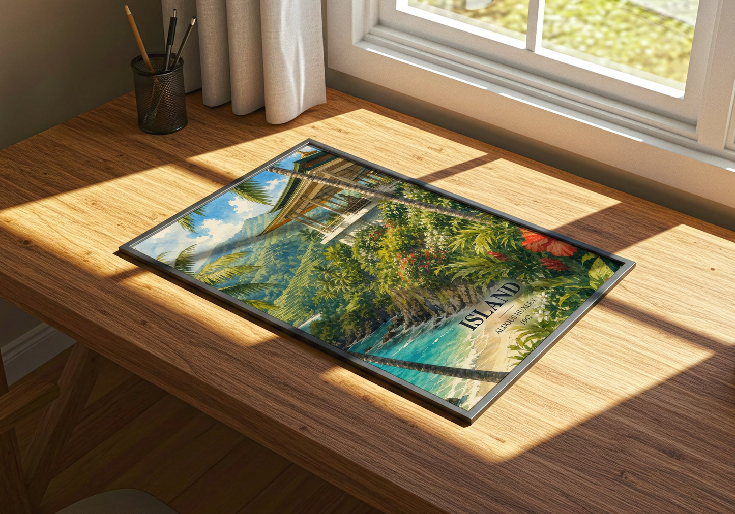 Island watercolour book poster framed on wall – literary fiction wall art