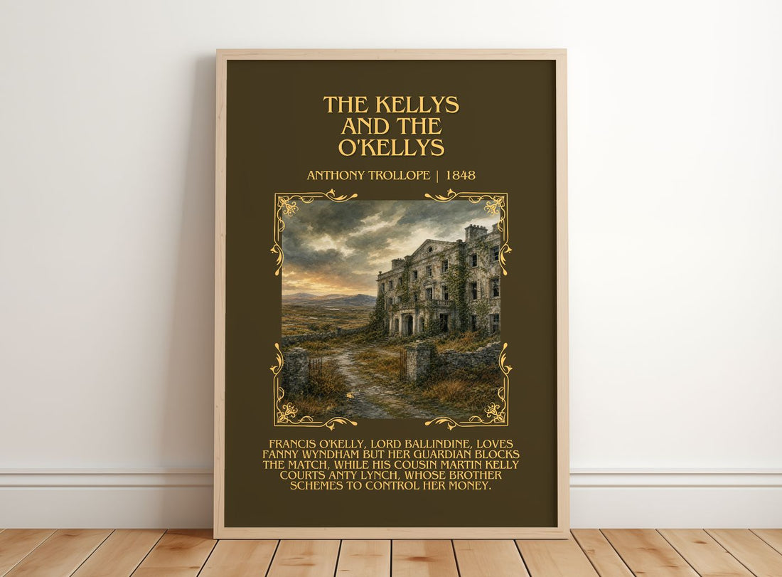 The Kellys And The O'Kellys Minimalist Book Poster by Anthony Trollope – framed print leaning on a wooden floor