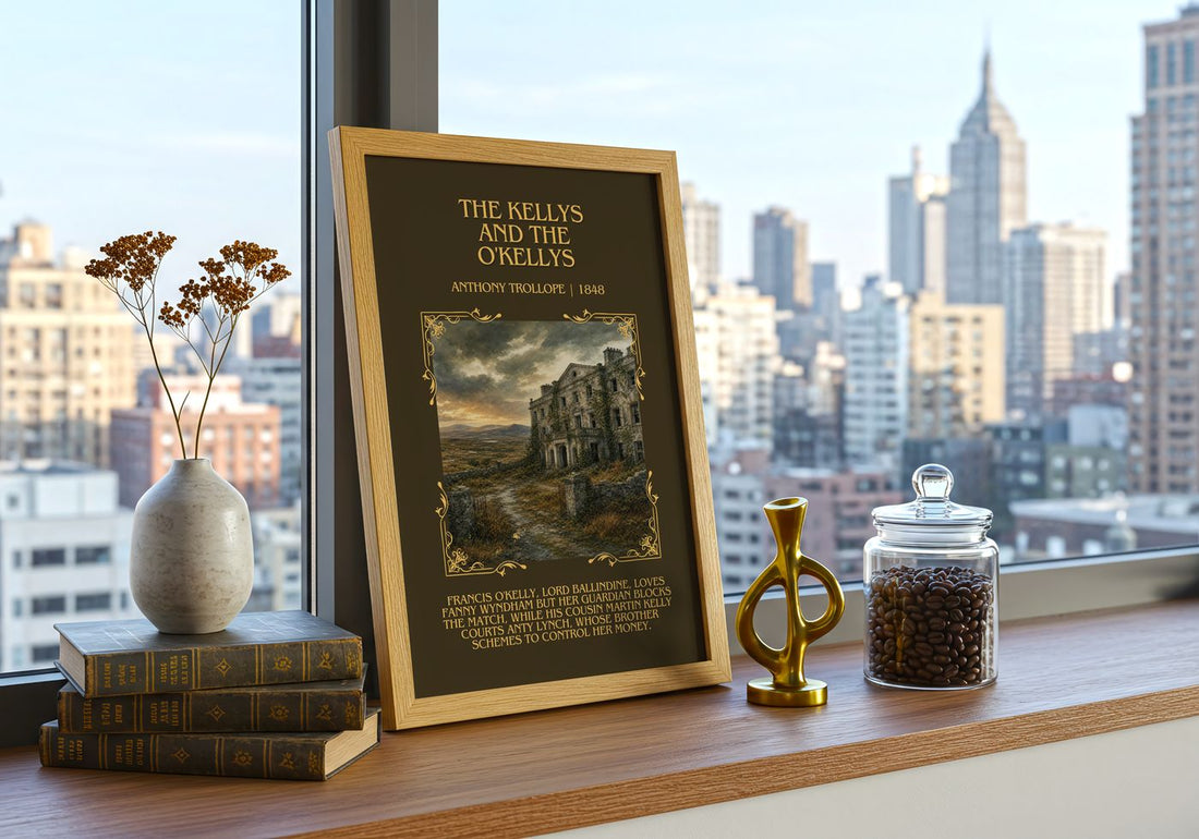 The Kellys And The O'Kellys Minimalist Book Poster by Anthony Trollope – framed print on a city-view windowsill