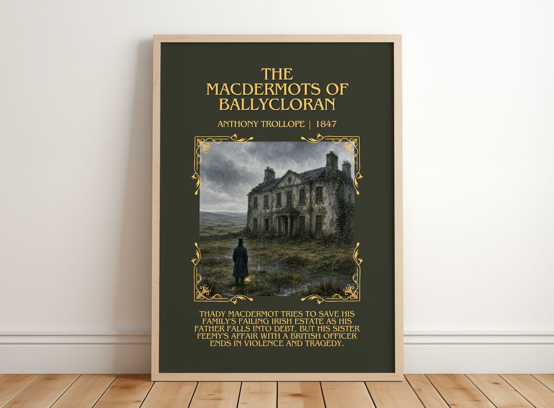 Macdermots Of Ballycloran Minimalist Book Poster by Anthony Trollope – framed print leaning on a wooden floor