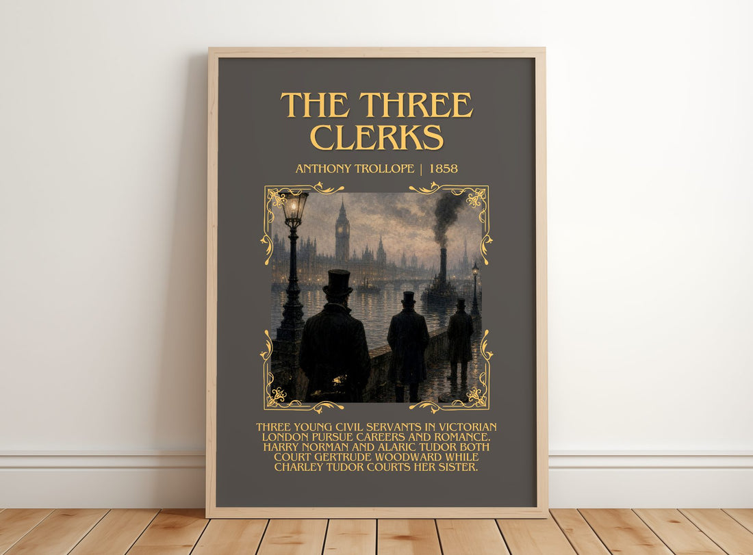 The Three Clerks Minimalist Book Poster by Anthony Trollope – framed print leaning on a wooden floor