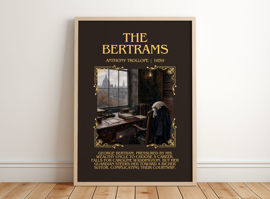 The Bertrams Minimalist Book Poster by Anthony Trollope – framed print leaning on a wooden floor