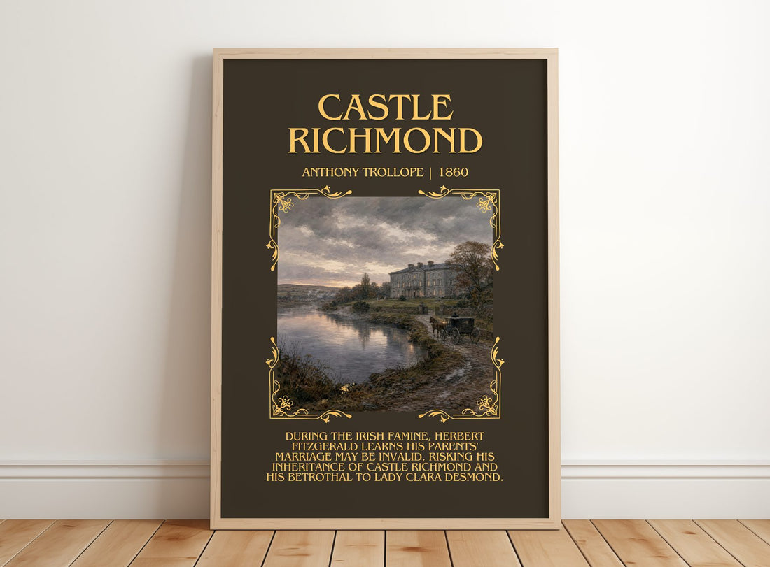 Castle Richmond Minimalist Book Poster by Anthony Trollope – framed print leaning on a wooden floor