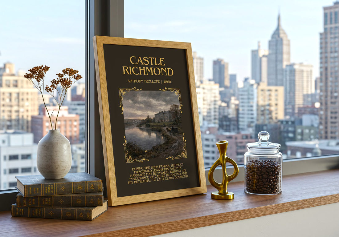 Castle Richmond Minimalist Book Poster by Anthony Trollope – framed print on a city-view windowsill