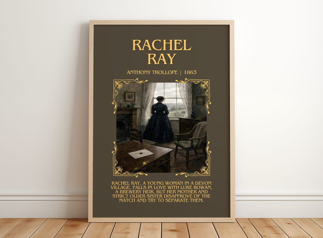 Rachel Ray Minimalist Book Poster by Anthony Trollope – framed print leaning on a wooden floor