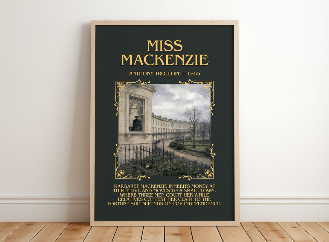 Miss Mackenzie Minimalist Book Poster by Anthony Trollope – framed print leaning on a wooden floor