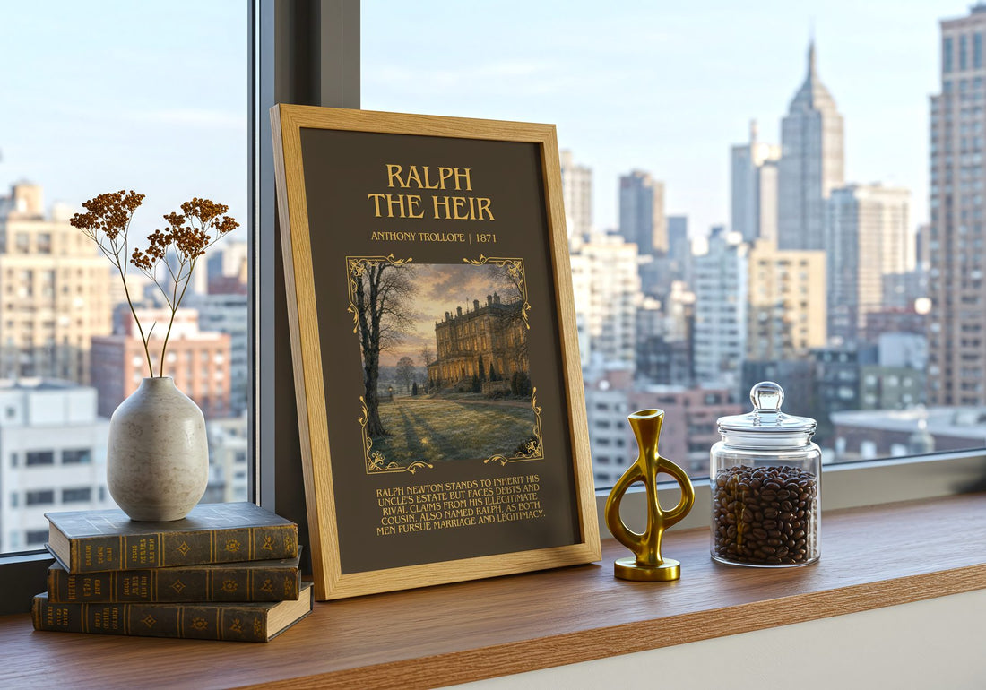 Ralph The Heir Minimalist Book Poster by Anthony Trollope – framed print on a city-view windowsill