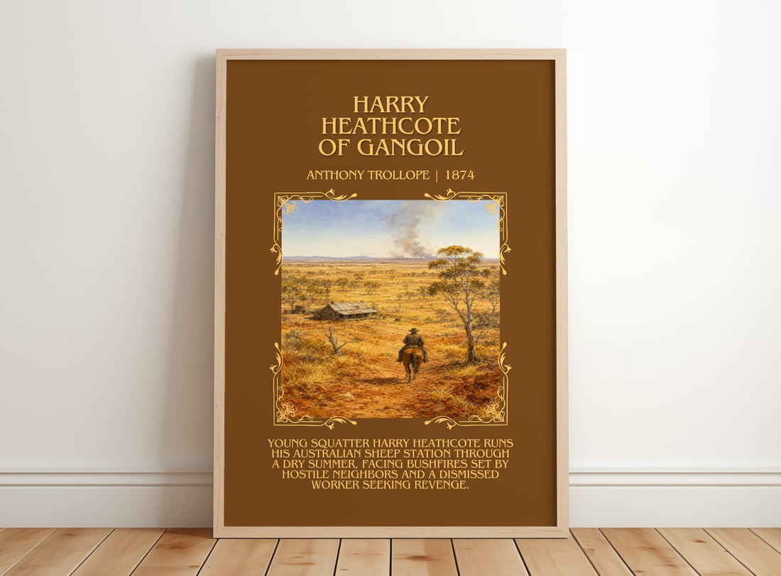 Harry Heathcote Of Gangoil Minimalist Book Poster by Anthony Trollope – framed print leaning on a wooden floor