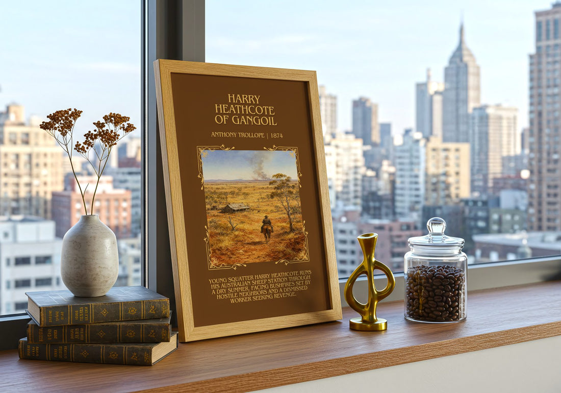 Harry Heathcote Of Gangoil Minimalist Book Poster by Anthony Trollope – framed print on a city-view windowsill