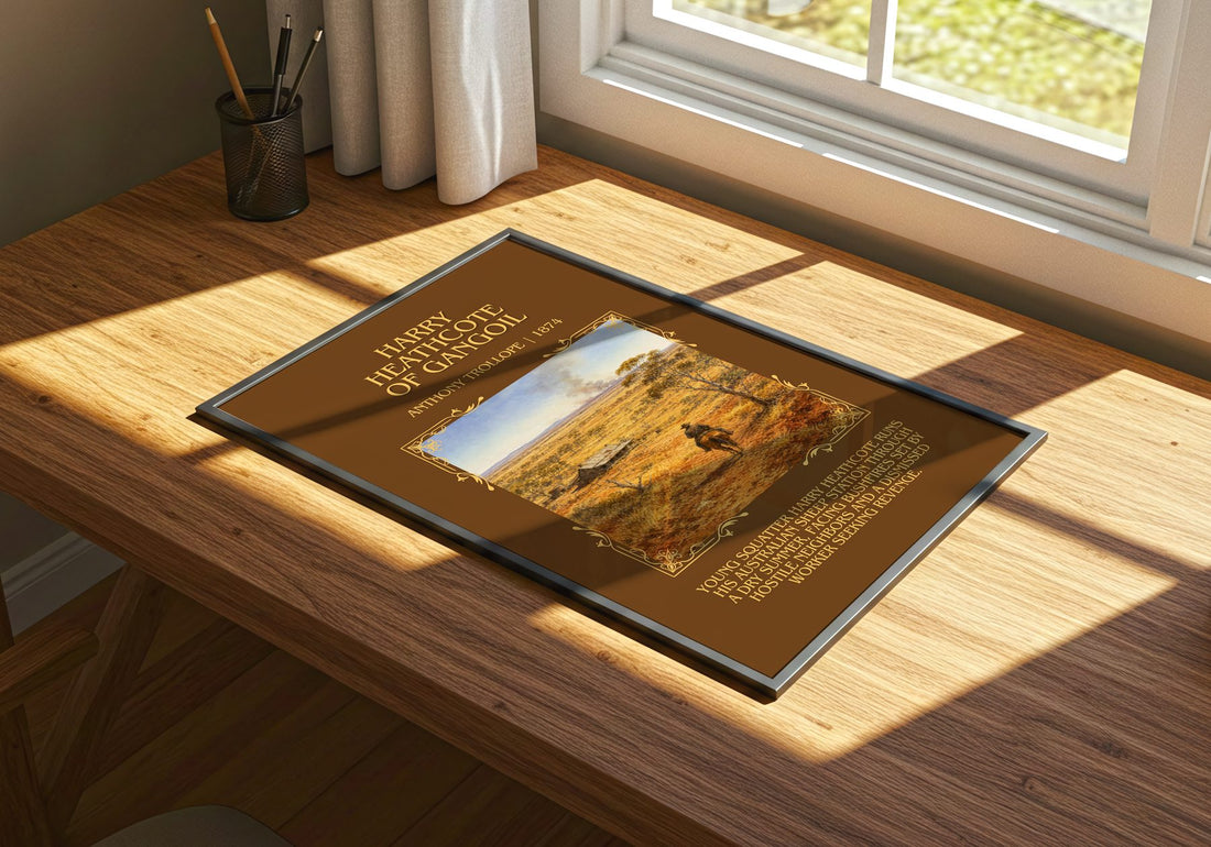 Harry Heathcote Of Gangoil Minimalist Book Poster by Anthony Trollope – print on a sunlit desk