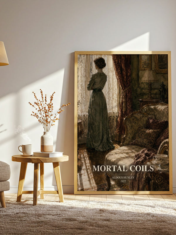 Mortal Coils watercolour print in frame leaning in hallway – literary fiction wall art