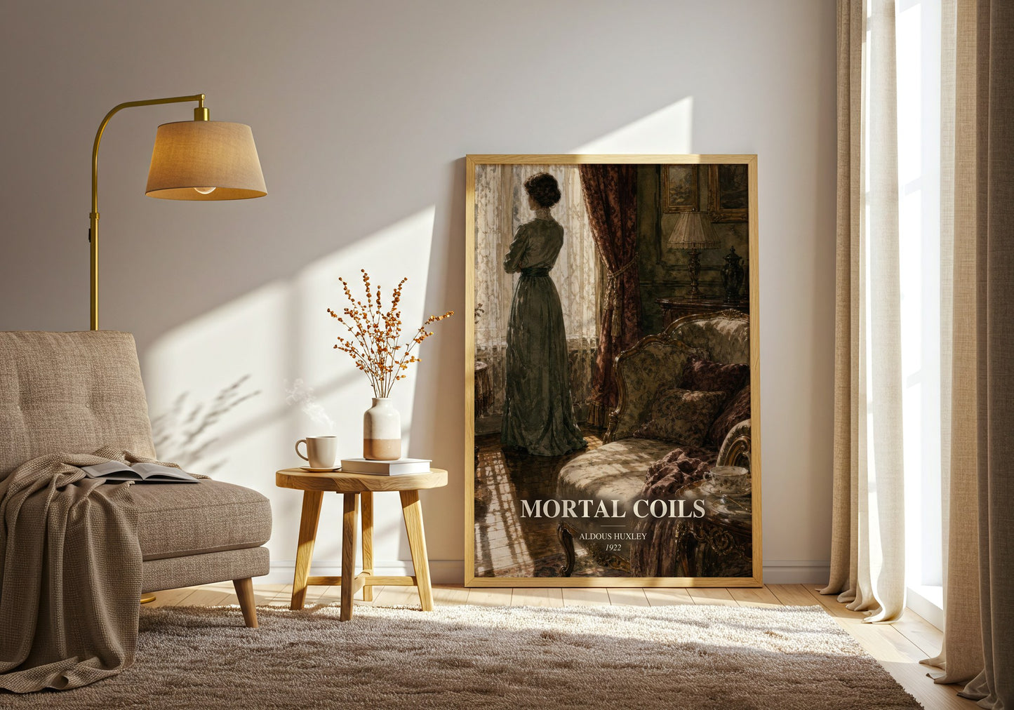 Mortal Coils watercolour print in frame leaning in hallway – literary fiction wall art