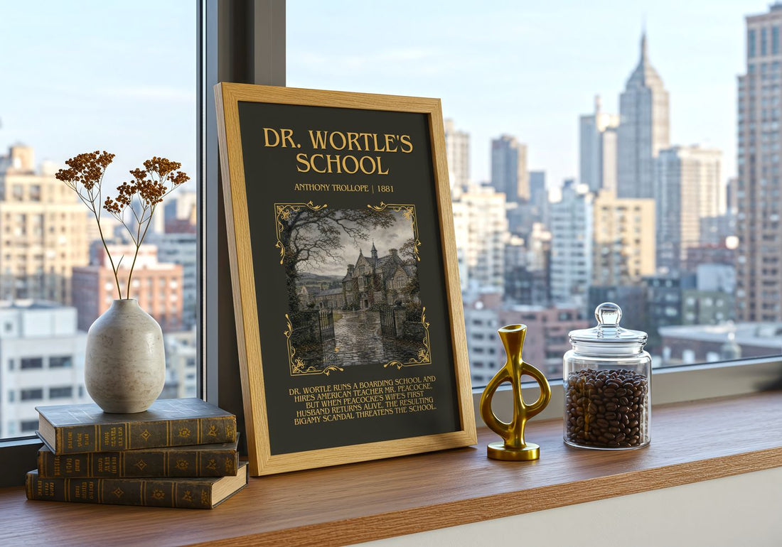 Dr. Wortle'S School Minimalist Book Poster by Anthony Trollope – framed print on a city-view windowsill