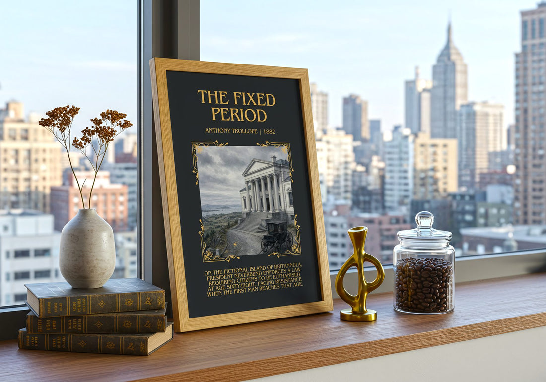 The Fixed Period Minimalist Book Poster by Anthony Trollope – framed print on a city-view windowsill
