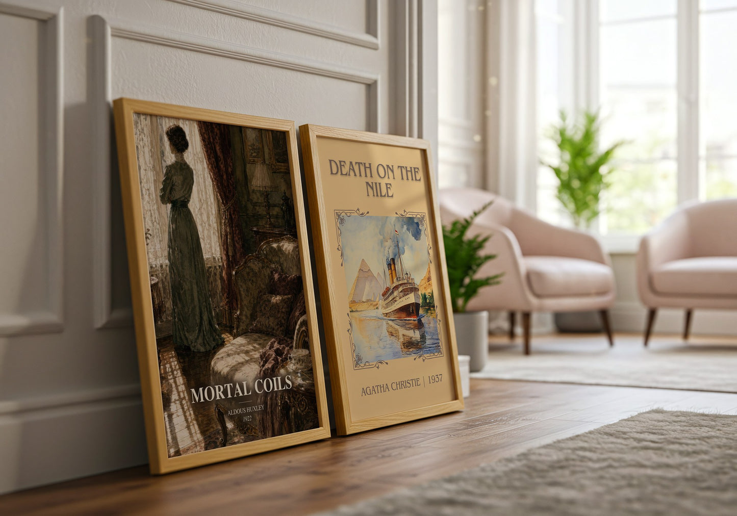 Mortal Coils watercolour print framed by window – literary home decor