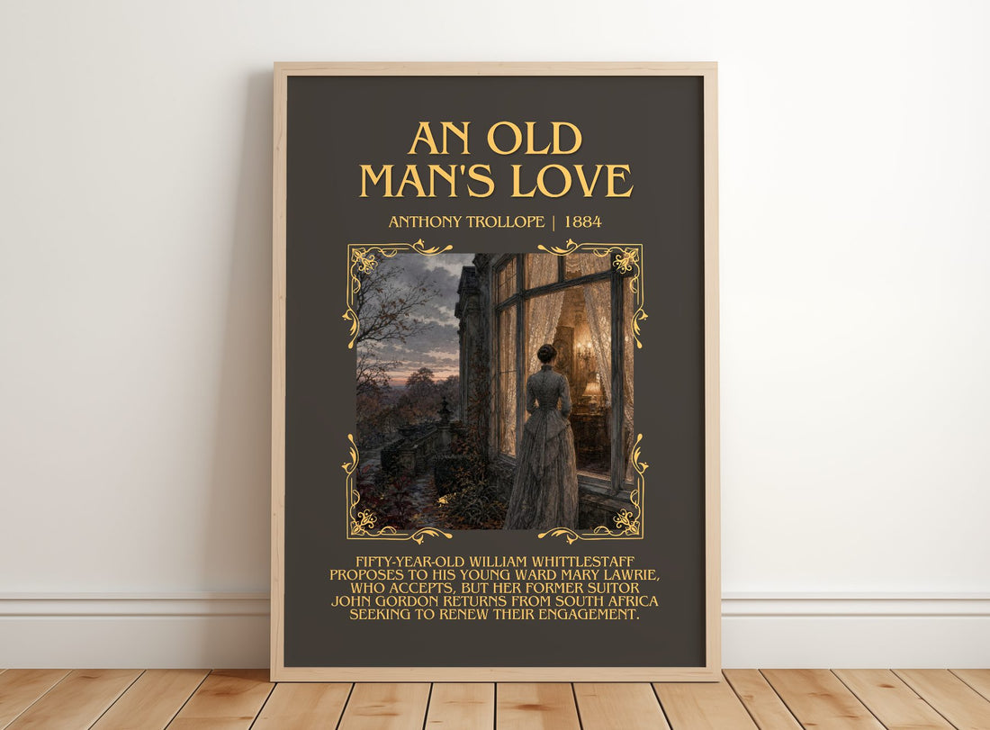 An Old Man'S Love Minimalist Book Poster by Anthony Trollope – framed print leaning on a wooden floor