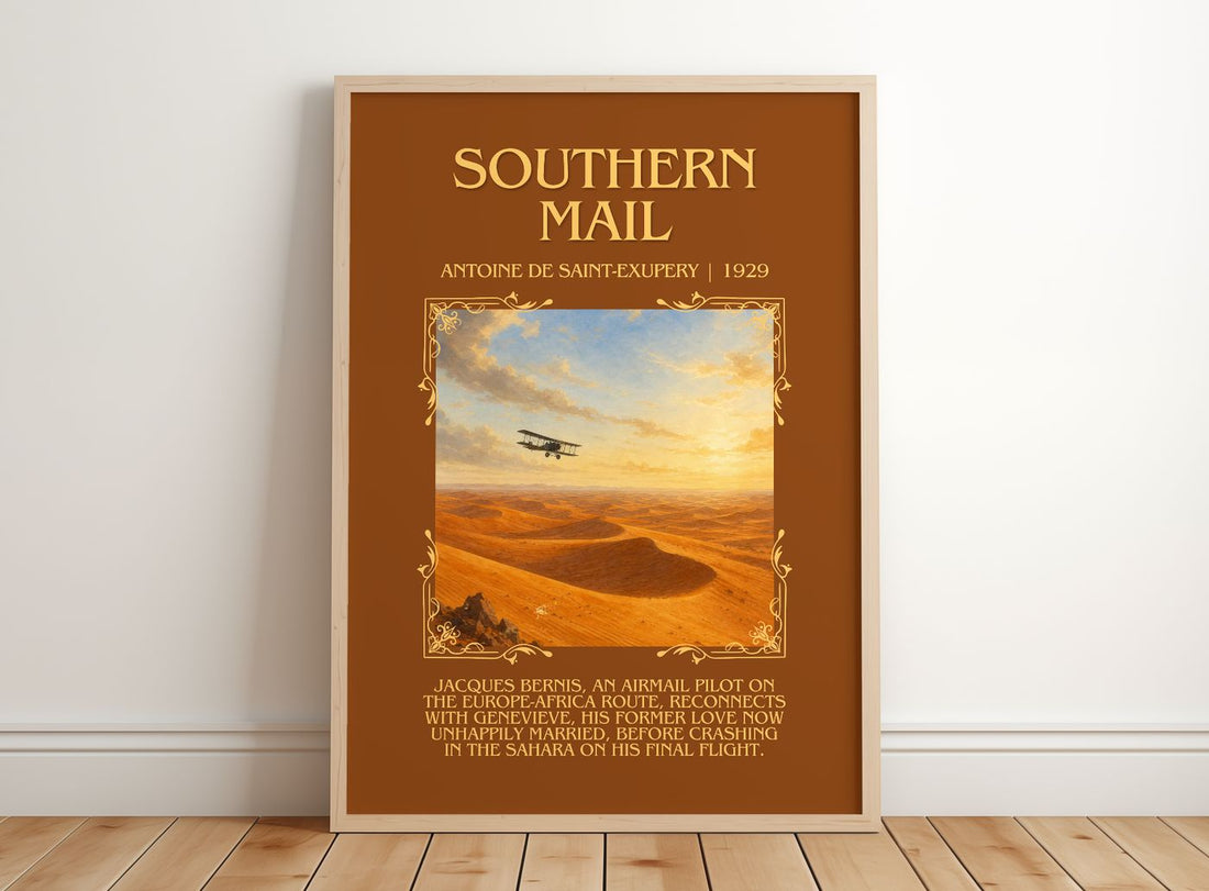Southern Mail Minimalist Book Poster by Antoine De Saint-Exupery – framed print leaning on a wooden floor