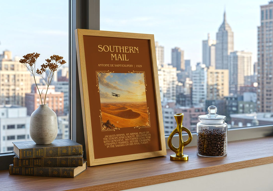 Southern Mail Minimalist Book Poster by Antoine De Saint-Exupery – framed print on a city-view windowsill