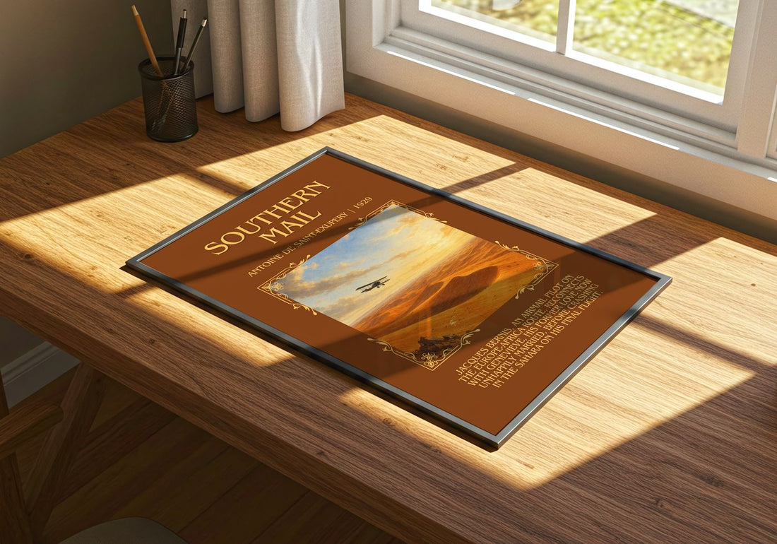 Southern Mail Minimalist Book Poster by Antoine De Saint-Exupery – print on a sunlit desk