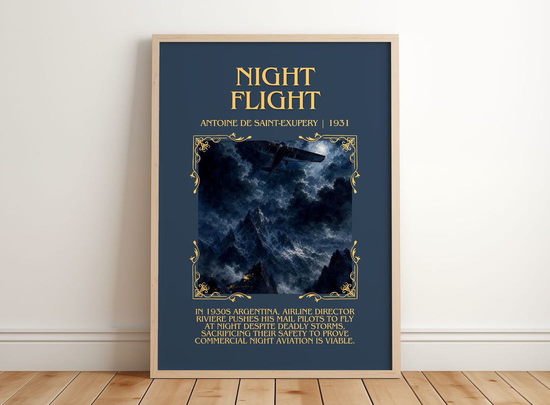 Night Flight Minimalist Book Poster by Antoine De Saint-Exupery – framed print leaning on a wooden floor