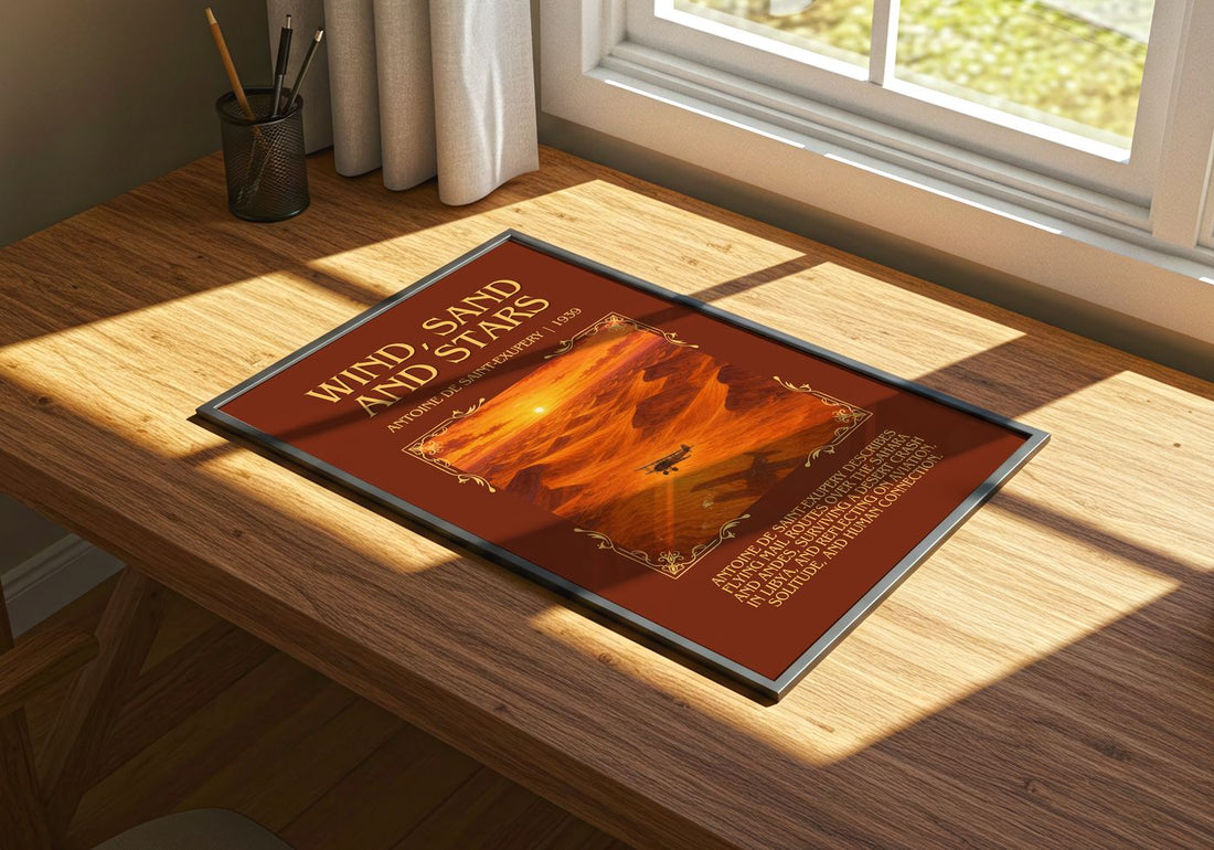Wind, Sand And Stars Minimalist Book Poster by A. Saint-Exupery – print on a sunlit desk