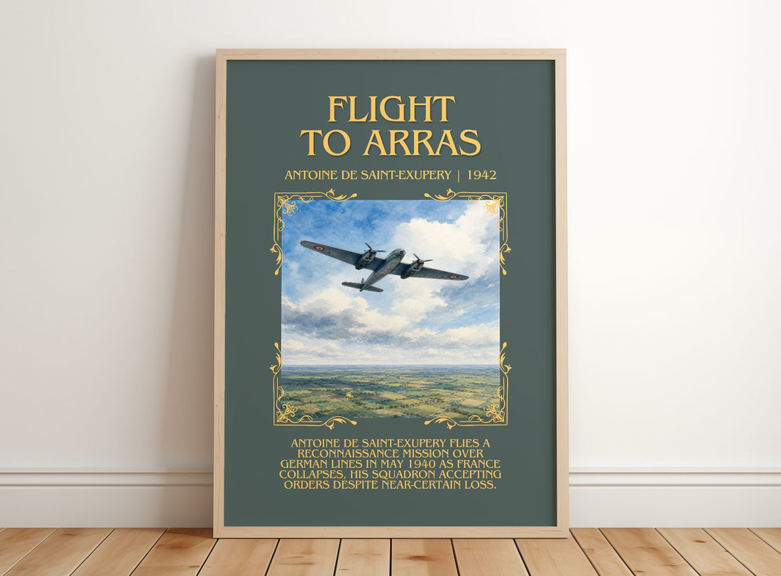 Flight To Arras Minimalist Book Poster by Antoine De Saint-Exupery – framed print leaning on a wooden floor