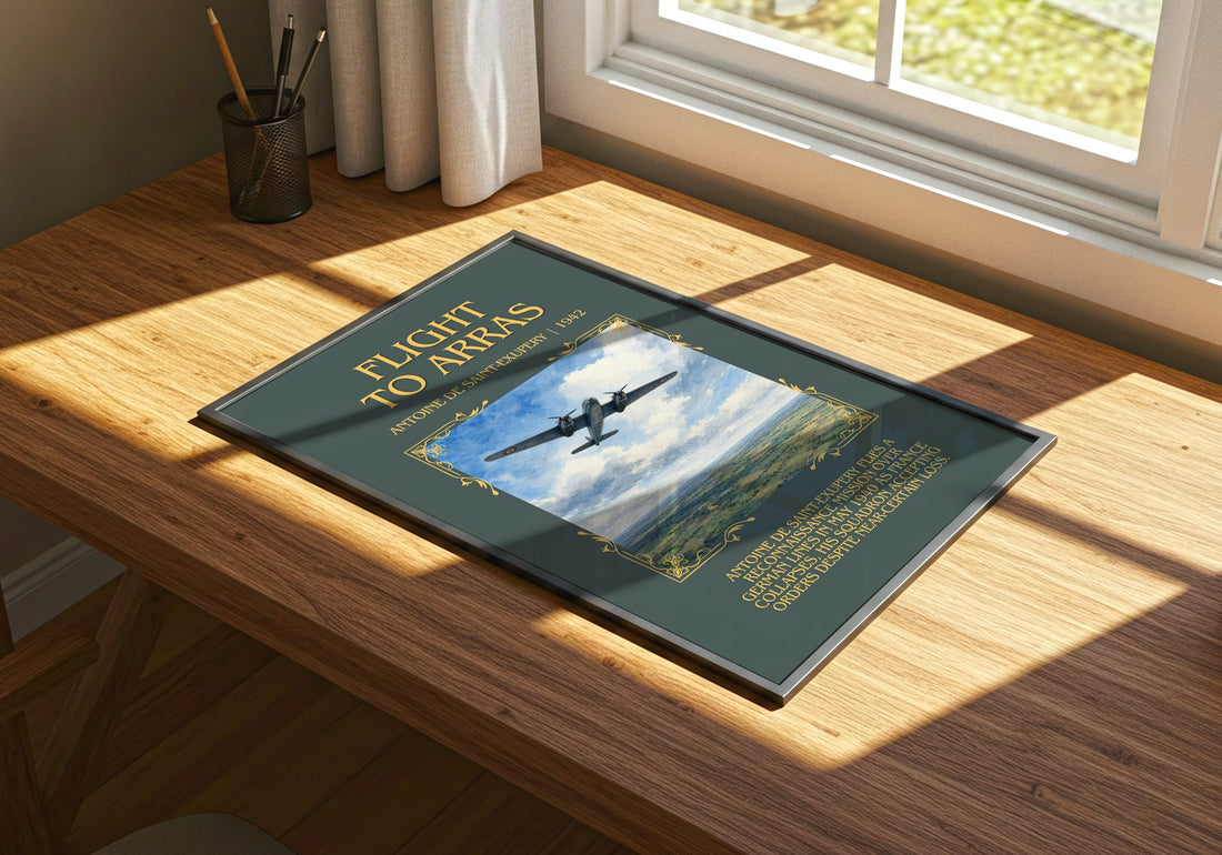 Flight To Arras Minimalist Book Poster by Antoine De Saint-Exupery – print on a sunlit desk