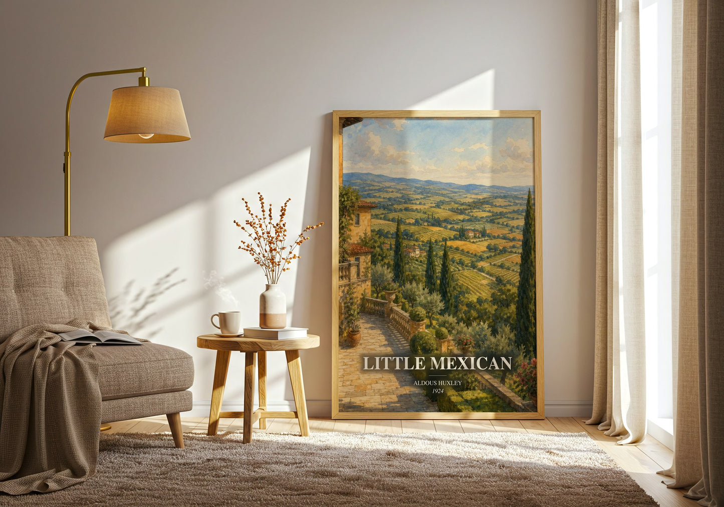 Little Mexican watercolour print in frame leaning in hallway – literary fiction wall art