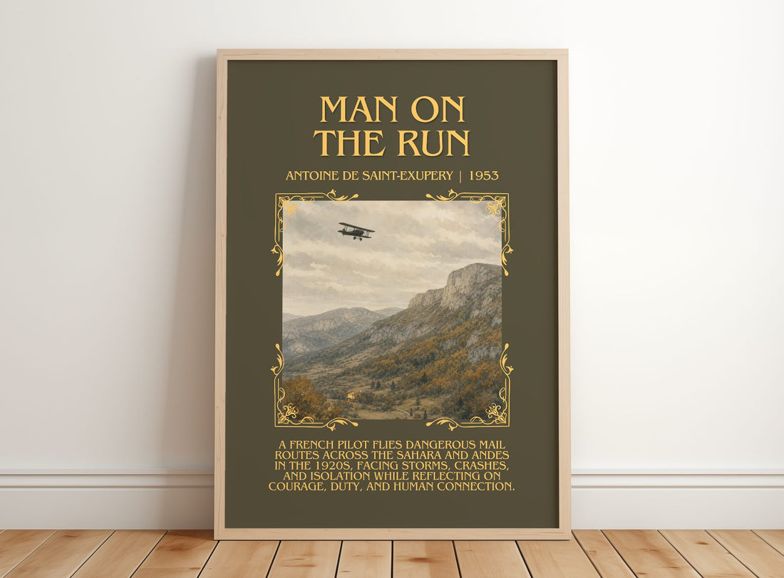 Man On The Run Minimalist Book Poster by Antoine De Saint-Exupery – framed print leaning on a wooden floor