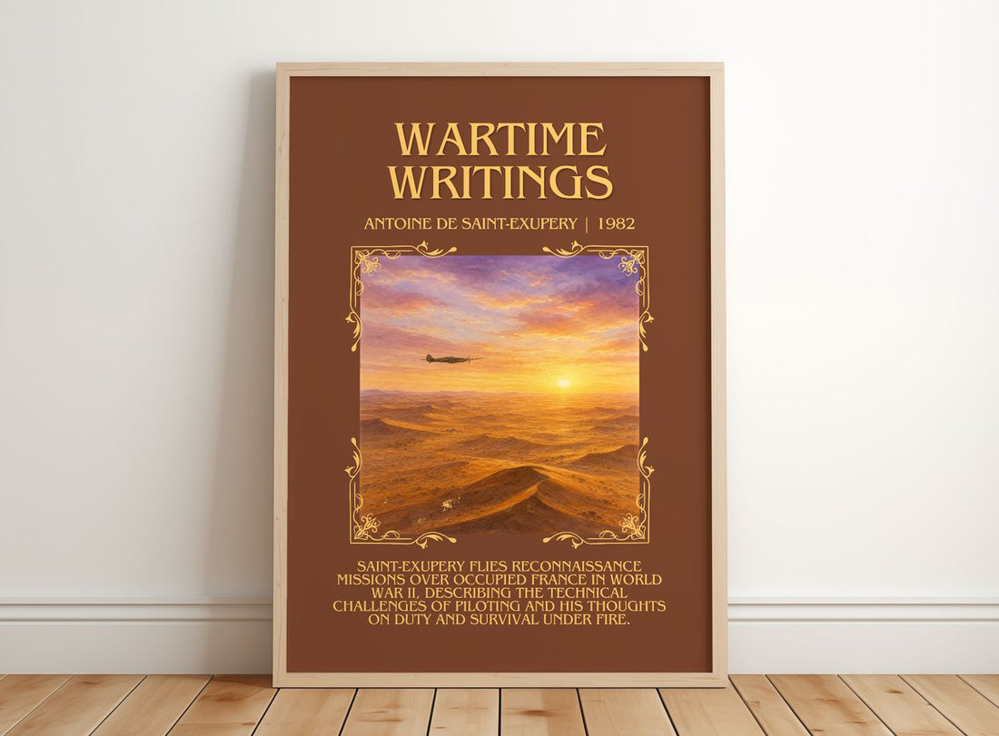Wartime Writings Minimalist Book Poster by Antoine De Saint-Exupery – framed print leaning on a wooden floor