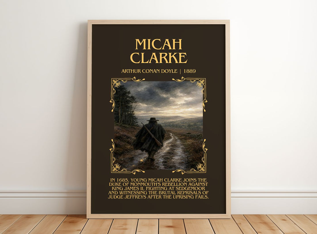 Micah Clarke Minimalist Book Poster by Arthur Conan Doyle – framed print leaning on a wooden floor
