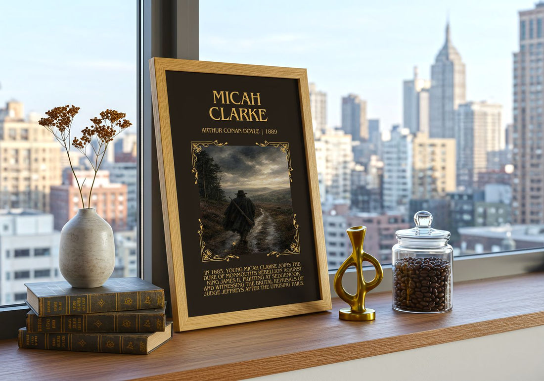 Micah Clarke Minimalist Book Poster by Arthur Conan Doyle – framed print on a city-view windowsill