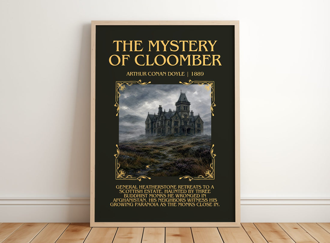 The Mystery Of Cloomber Minimalist Book Poster by Arthur Conan Doyle – framed print leaning on a wooden floor