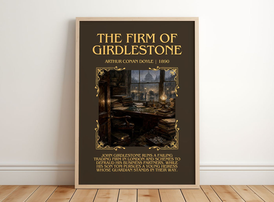 The Firm Of Girdlestone Minimalist Book Poster by Arthur Conan Doyle – framed print leaning on a wooden floor