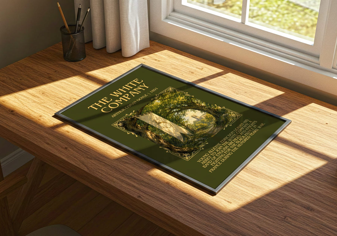 The White Company Minimalist Book Poster by Arthur Conan Doyle – print on a sunlit desk