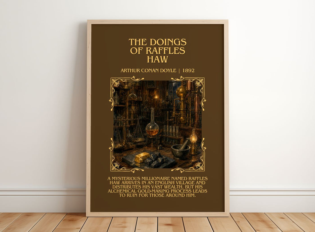 The Doings Of Raffles Haw Minimalist Book Poster by Arthur Conan Doyle – framed print leaning on a wooden floor