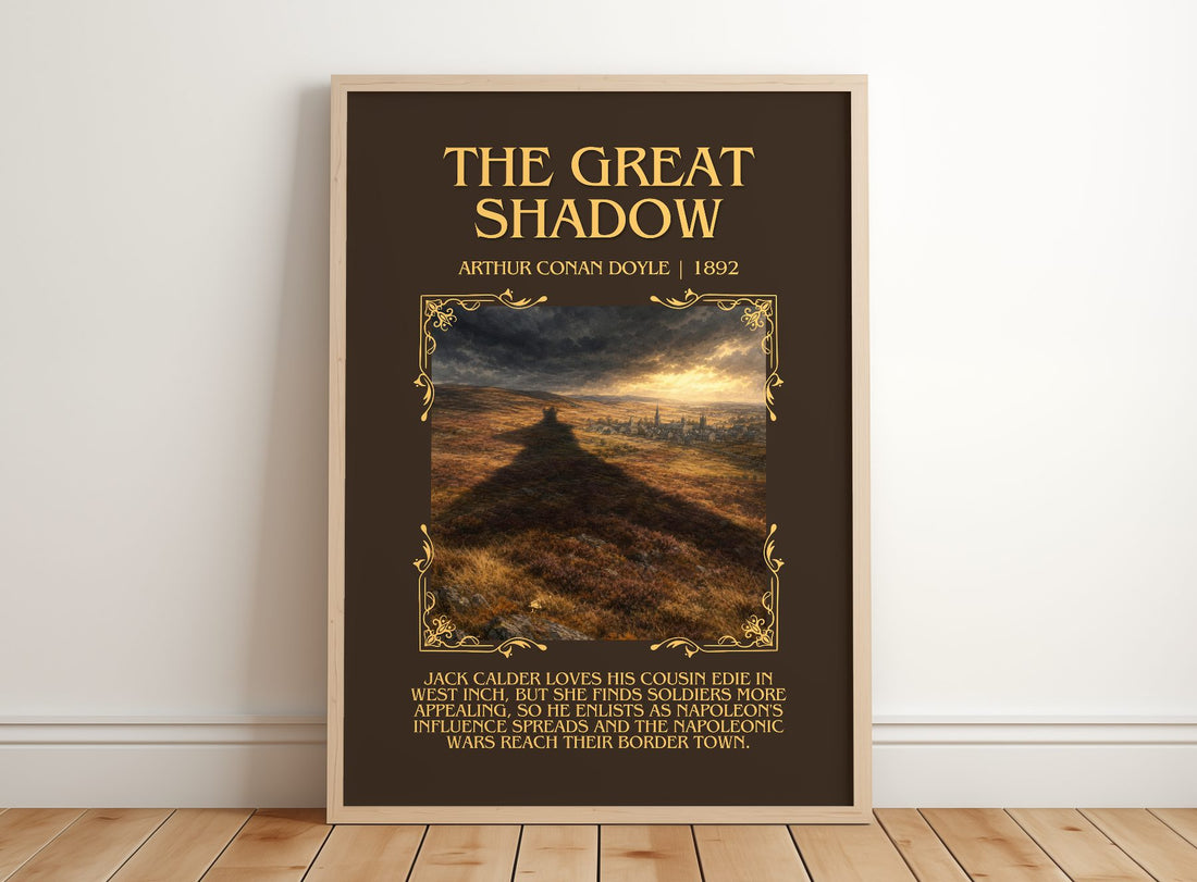The Great Shadow Minimalist Book Poster by Arthur Conan Doyle – framed print leaning on a wooden floor