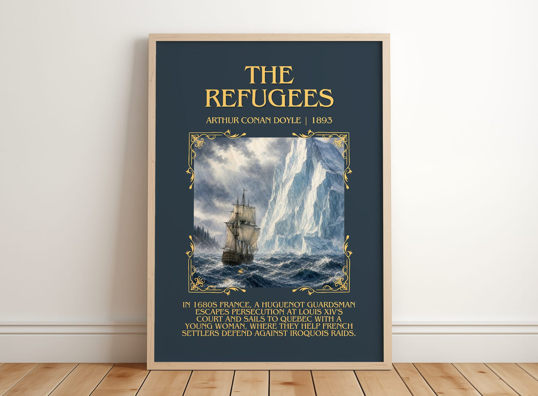 The Refugees Minimalist Book Poster by Arthur Conan Doyle – framed print leaning on a wooden floor