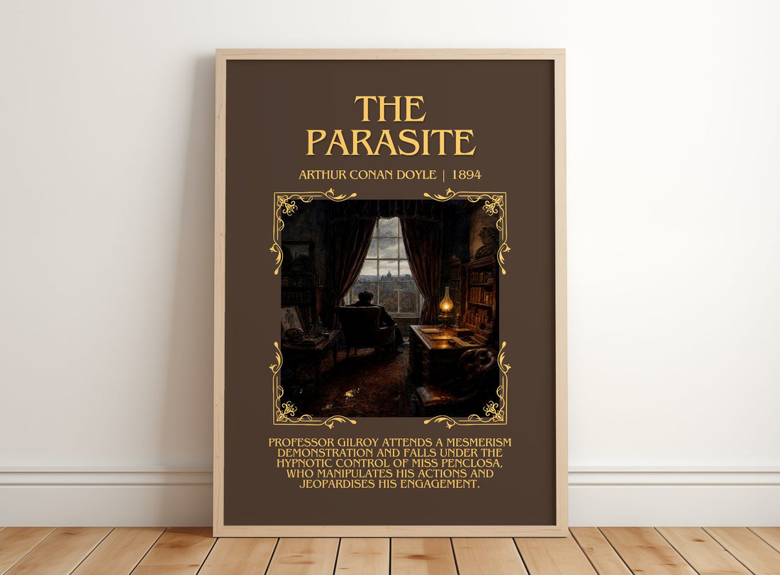 The Parasite Minimalist Book Poster by Arthur Conan Doyle – framed print leaning on a wooden floor