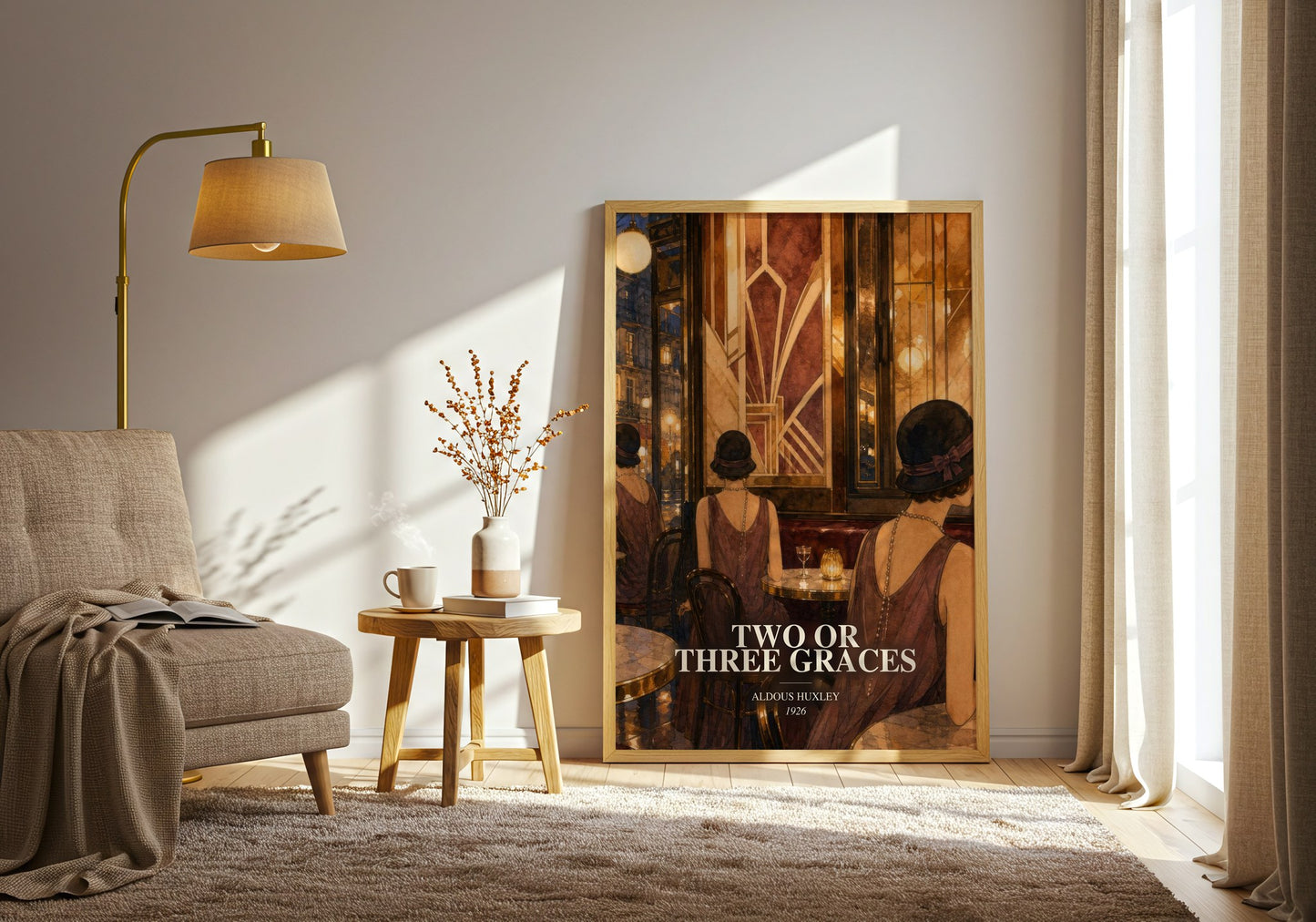 Two Or Three Graces watercolour print in frame leaning in hallway – literary fiction wall art