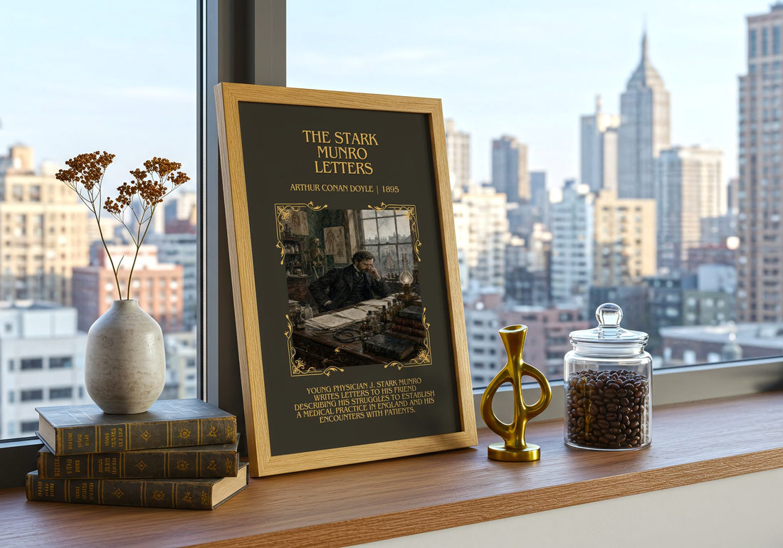 The Stark Munro Letters Minimalist Book Poster by Arthur Conan Doyle – framed print on a city-view windowsill