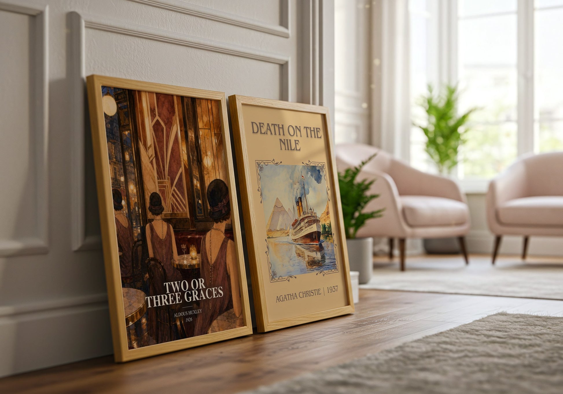Two Or Three Graces watercolour print framed by window – literary home decor