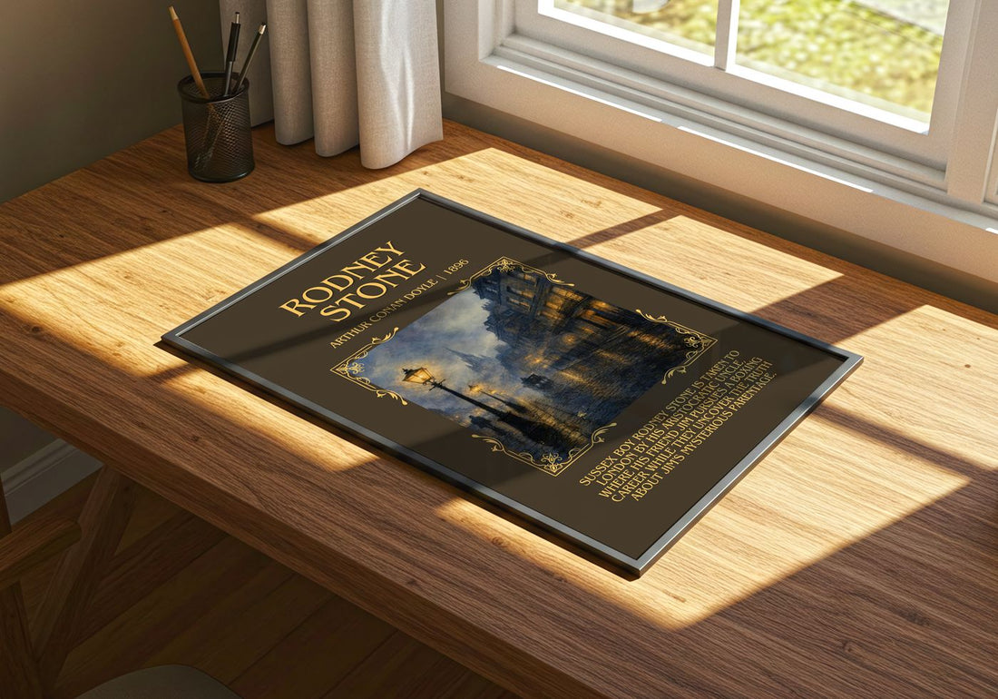 Rodney Stone Minimalist Book Poster by Arthur Conan Doyle – print on a sunlit desk