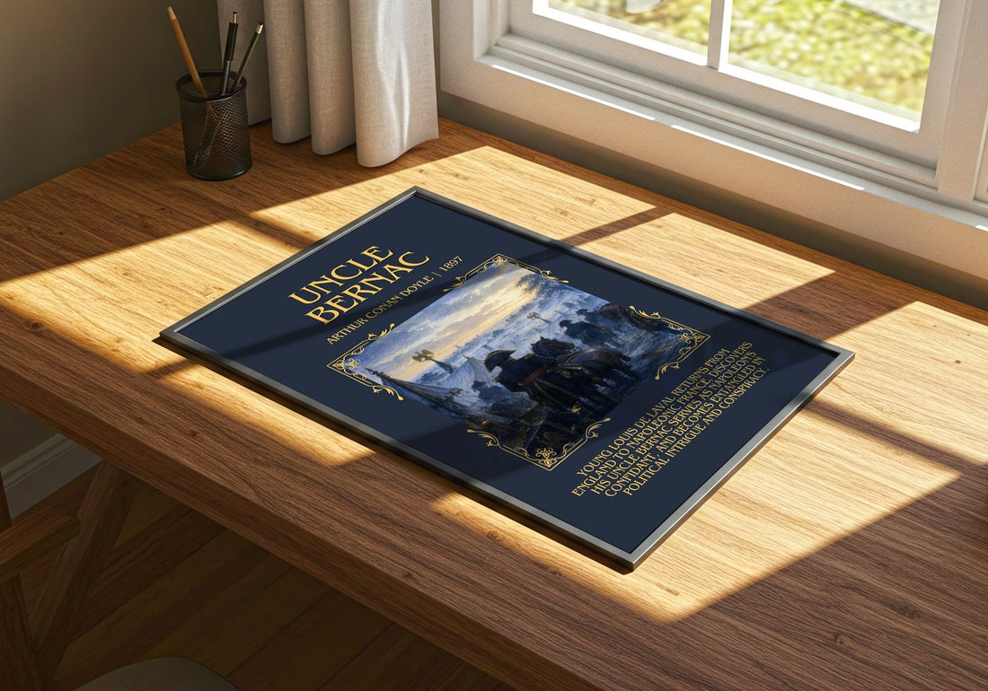 Uncle Bernac Minimalist Book Poster by Arthur Conan Doyle – print on a sunlit desk
