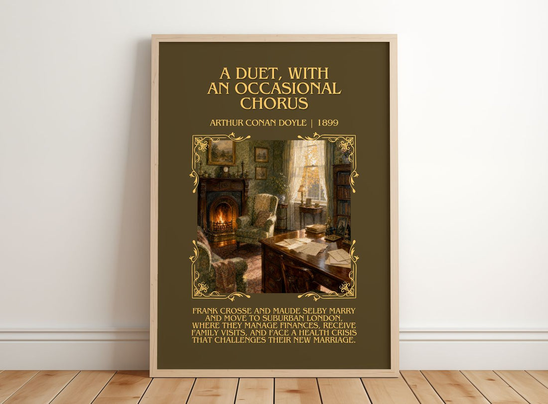 Duet, With An Occasional Chorus Minimalist Book Poster by A. Doyle – framed print leaning on a wooden floor