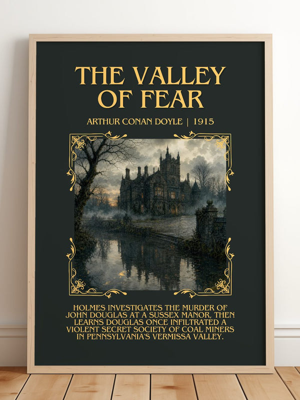 The Valley Of Fear minimalist print in frame leaning in hallway – mystery wall art