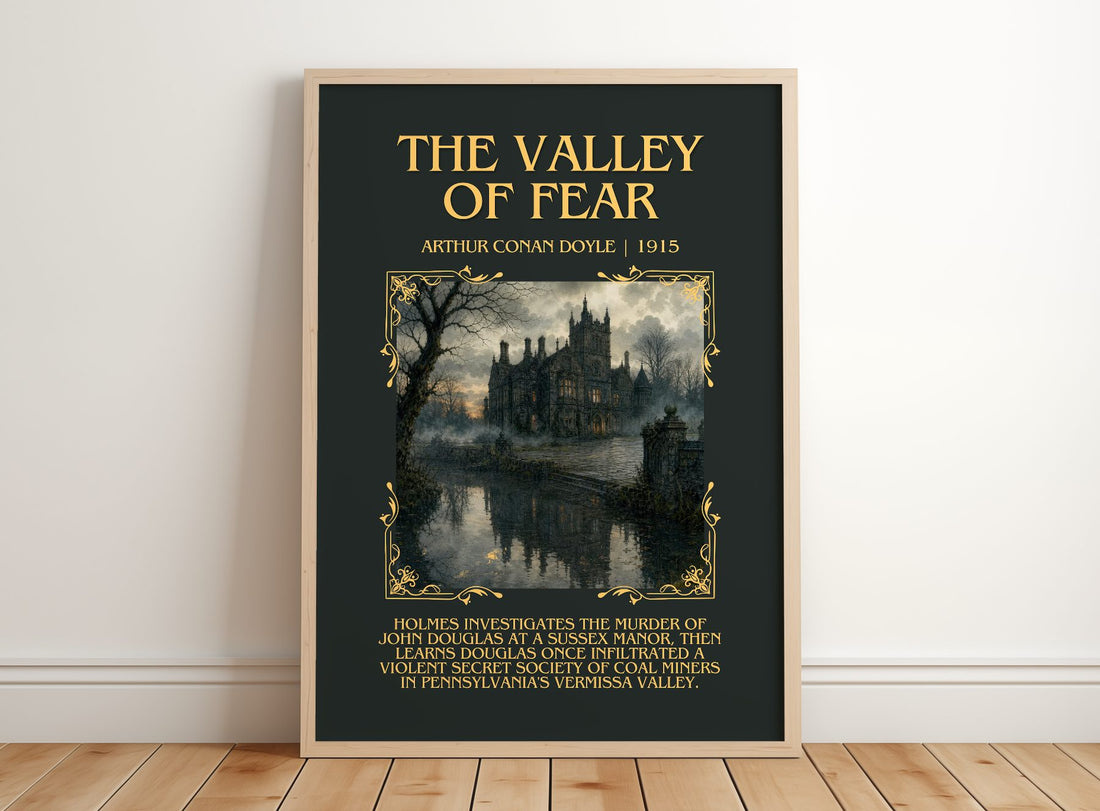 The Valley Of Fear minimalist print in frame leaning in hallway – mystery wall art