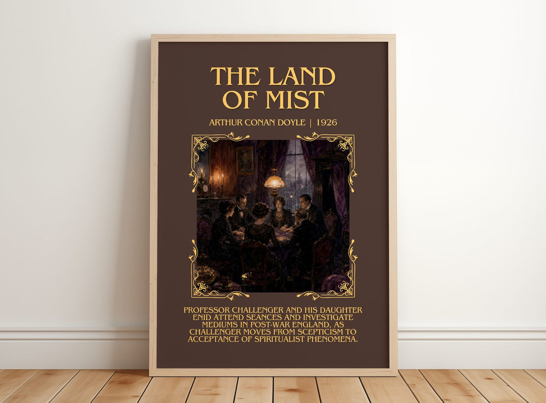 The Land Of Mist Minimalist Book Poster by Arthur Conan Doyle – framed print leaning on a wooden floor
